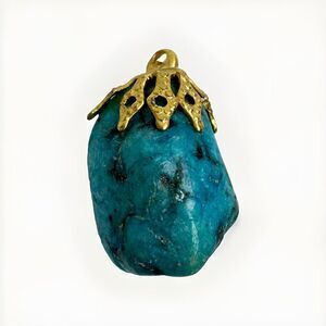 Vintage Blue Turquoise Nugget Pendant Charm Gold Tone Metal
